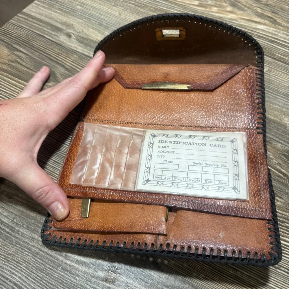 Vintage Hand Tooled Leather Floral Clutch Wallet Brown Whipstitch Western Boho